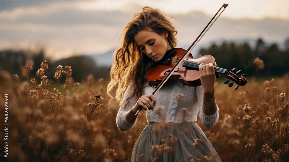 Woman playing violin in country field - obrazy, fototapety, plakaty 