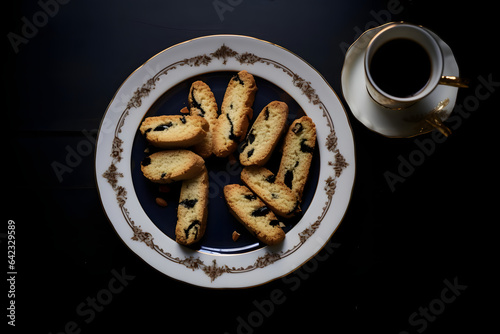 Crunchy biscotti, twice baked cookie served on a plate, top down