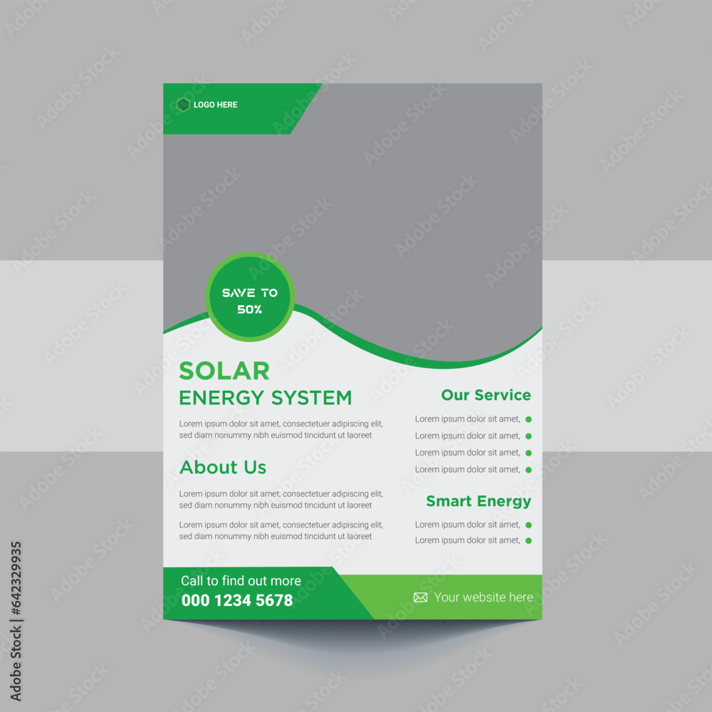 Green energy flyer design. Solar energy leaflet template. Go green save energy poster flyer design