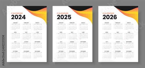 2024, 2025 and 2026 calendar set, Week start Sunday, Simple vertical calendar design template. Corporate design planner template. Wall calendar in a minimalist style