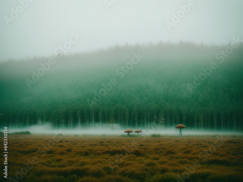 A surreal landscape with towering mushrooms and an ethereal mist