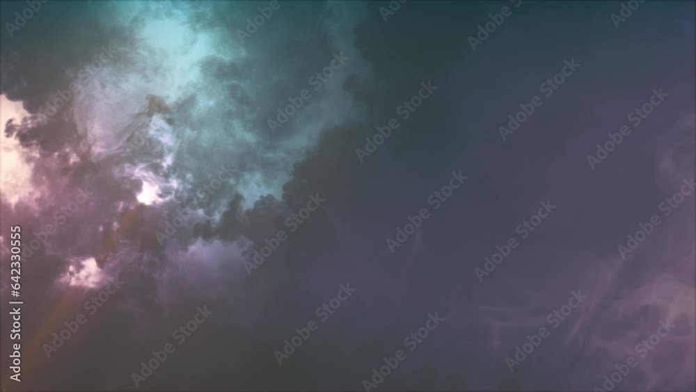 Lightning discharge and light effects in the clouds. Thunderclouds in bright flashes of lightning. Bad weather. Looped
