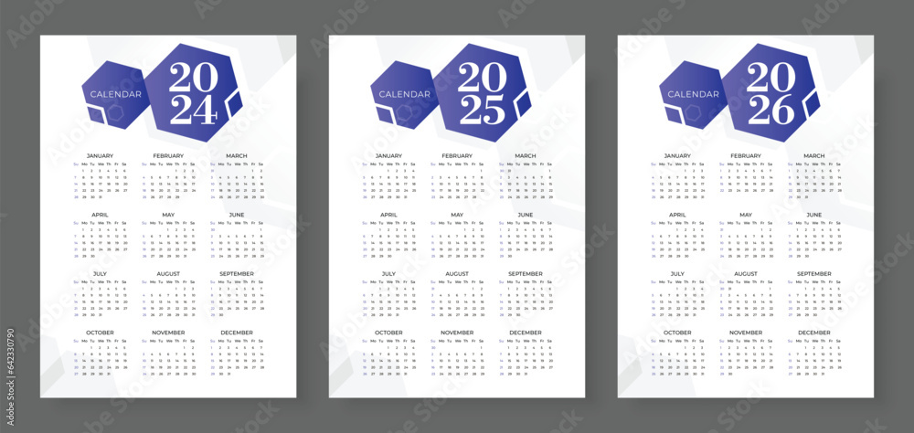  2024, 2025 and 2026 calendar set, Week start Sunday, Simple vertical 