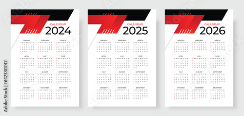 2024, 2025 and 2026 calendar set, Week start Sunday, Simple vertical calendar design template. Corporate design planner template. Wall calendar in a minimalist style