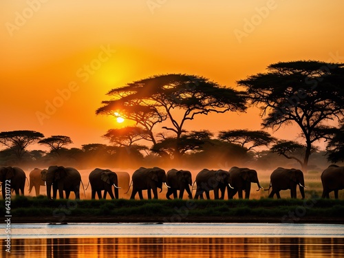 A view of a massive elephant herd crossing the savanna with the sun setting behind them