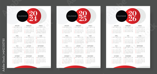 2024, 2025 and 2026 calendar set, Week start Sunday, Simple vertical calendar design template. Corporate design planner template. Wall calendar in a minimalist style