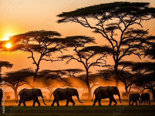 A view of a massive elephant herd crossing the savanna with the sun setting behind them