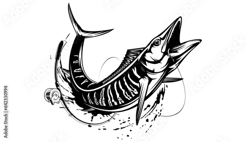 Vector Illustration of a wahoo. Acanthocybium solandri. A scombrid fish jumping up viewed from the side set on isolated white background done in retro style. photo