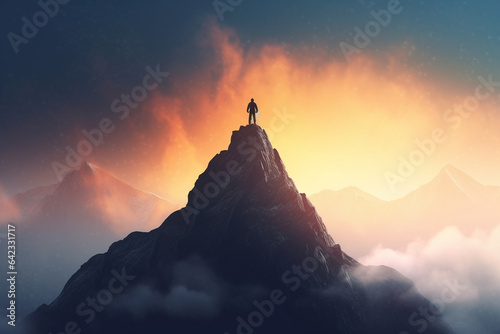Silhouette of man standing on top of a mountain with his arms raised