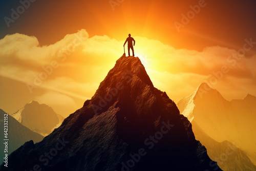 Businessman standing on top of mountain. Success and leadership concept. 3D Rendering