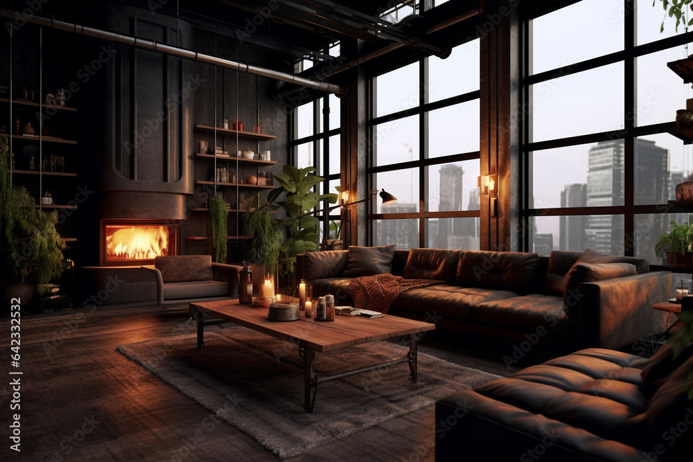 Dark living room loft with fireplace, industrial style - Generative AI Dark living room loft with fireplace, industrial style - Generative AI