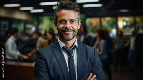 Confident Male Corporate Leader Smiling Amidst Successful Office Journey