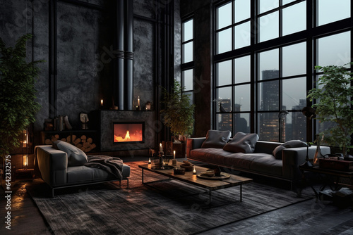 Dark living room loft with fireplace  industrial style - Generative AI