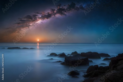 sunset over the ocean night view of the sea with stars in the sky AI GENERATED