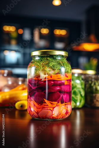 Jar of assorted brined lacto-fermented pickles on a wooden table with desaturated background.