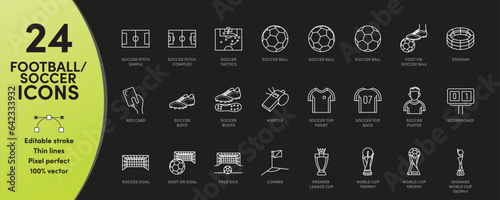 24 Football / Soccer Icon set featuring unique thin line icons, editable stroke and scalable to any size.