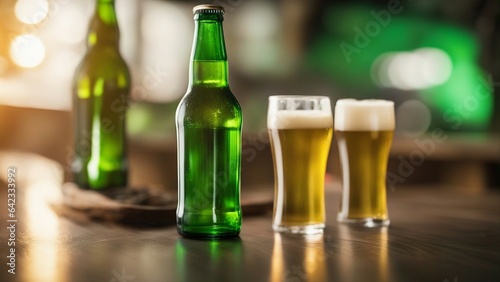 A green glass beer bottle and two transparent beer glasses filled with beer.  The beer is a deep golden color..