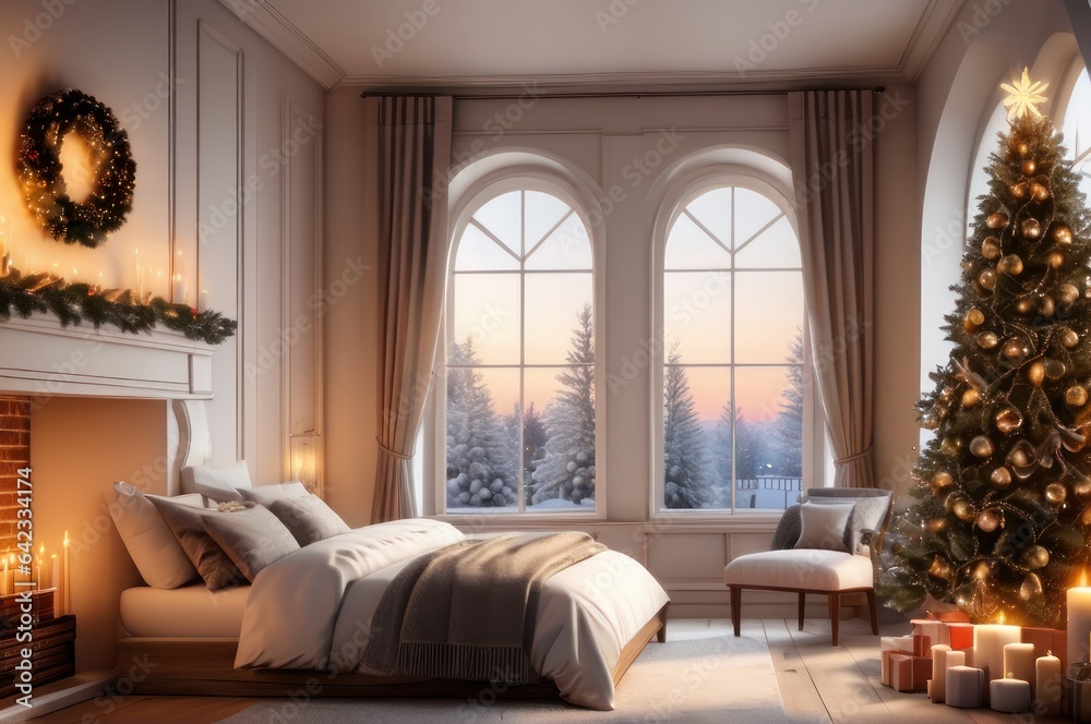 Fototapeta premium cozy domestic christmas interior with window, bed, candles and fireplace