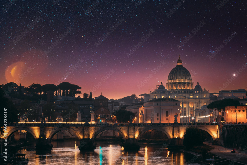 Rome, Italy. Papal Basilica Of St. Peter In The Vatican And Aelian Bridge In Sunset Sunrise Time. night sky, night stars, stars, night star sky, night stars sky, stars, star, cosmos, space,