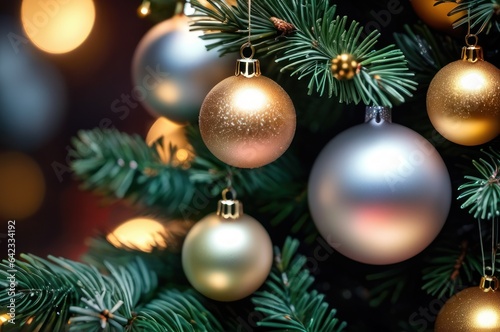 Christmas tree ornament decoration. Xmas ball red color decorated hanging on a fir branch  closeup view  copy space