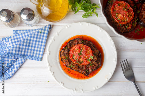 Traditional, delicious Turkish food, eggplant dish. Turkish name; Patlican oturtma photo