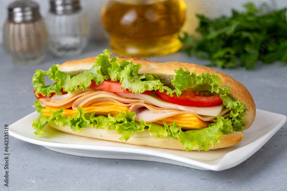 Cheese, ham, lettuce and tomato slices in an appetizing tasty sandwich. Cheese, ham, lettuce and tomato slices in an appetizing tasty sandwich.