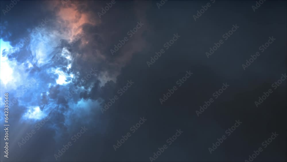 Lightning discharge and light effects in the clouds. Thunderclouds in bright flashes of lightning. Bad weather. Looped
