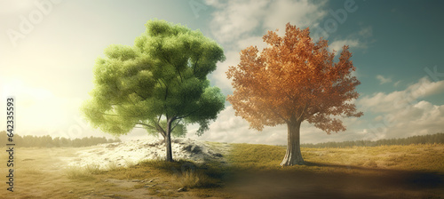 Climate change concept. Tree in two parts with green and healthy nature versus drought and polluted nature. Generative AI