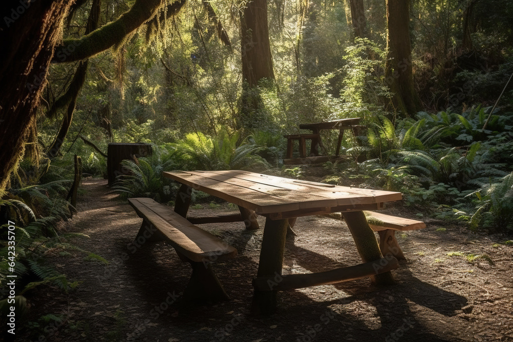 Wooden table surrounded by trees in a forest setting. Generative AI