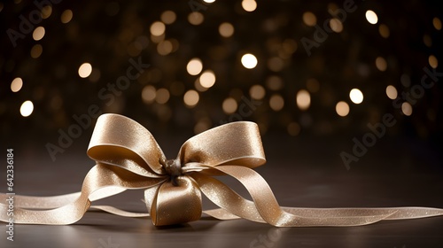 Beige Gift Ribbon with Bow in front of a dark Background. Festive Template for Holidays and Celebrations 