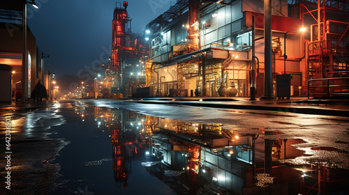 Illustration of a large modern industrial facility at night with reflections on a wet street. Generative AI