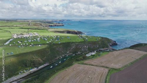 Cliffs and Fields over Porthclais from a drone, St Davids, Haverfordwest, Wales, England photo