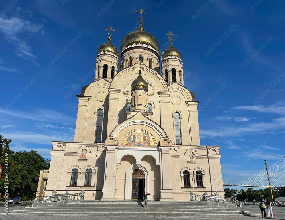 Vladivostok, Russia, August, 24, 2023. New Transfiguration Cathedral on the square of Fighters for the power of the Soviets in the summer. Vladivostok, Russia