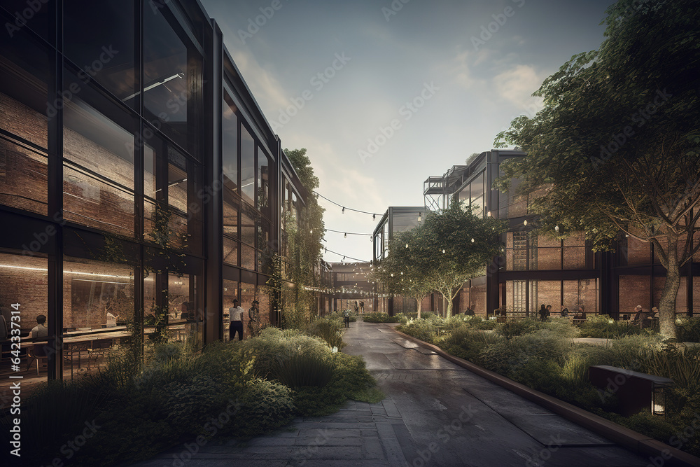 Two one-story repurposed corrugated metal warehouse buildings repurposed as mixed use coffee shops, restaurants and art galleries. Generative AI Two one-story repurposed corrugated metal warehouse buildings repurposed as mixed use coffee shops, restaurants and art galleries. Generative AI