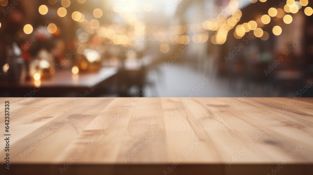 Empty white wooden table for product placement or montage with focus to table top in the foreground, with a restaurant in the background, its colors and details softened by a bokeh effect. Empty white wooden table for product placement or montage with focus to table top in the foreground, with a restaurant in the background, its colors and details softened by a bokeh effect.