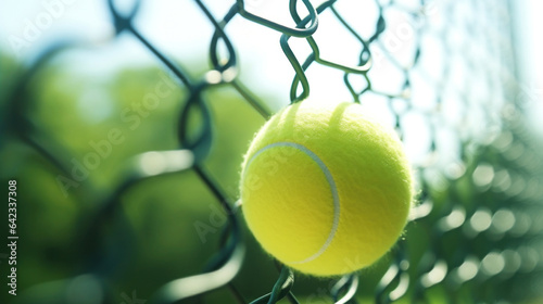 Close up of a tennis ball on a net, a tennis court © red_orange_stock