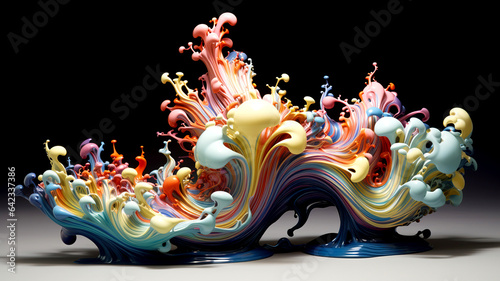 Fantastic multi colored background made of splashed paint. 3d illustration of colorful paint splashes on black background. Luxury abstract design. Modern Exclusive Design.