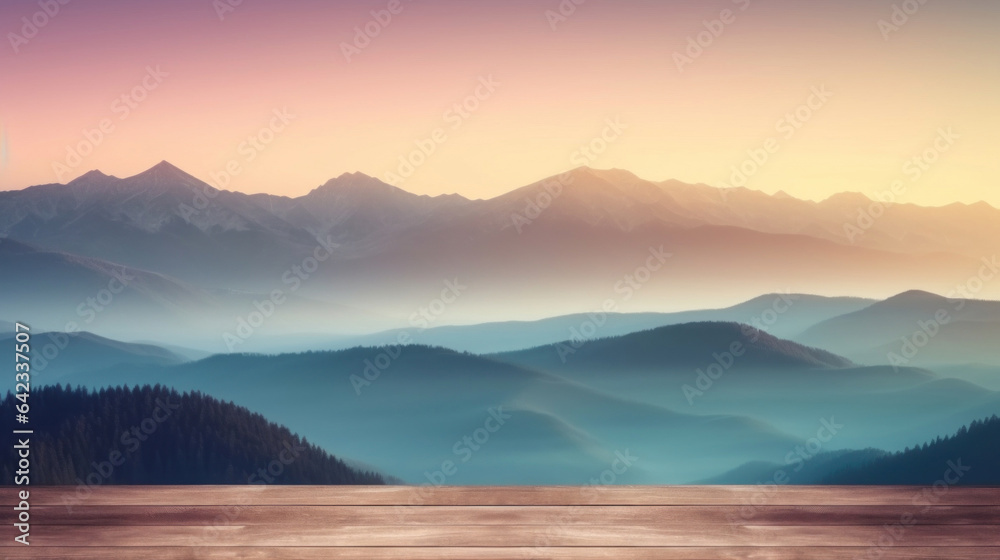 Empty wooden table top with pastel sunrise mountain blur background