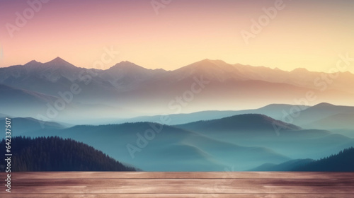 Empty wooden table top with pastel sunrise mountain blur background