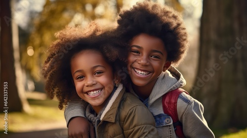 African American boy and girl hug happily amidst the beauty of a park, radiating positivity.