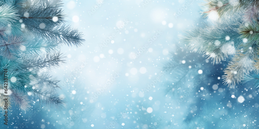 Winter background with pine branches and falling snowflakes
