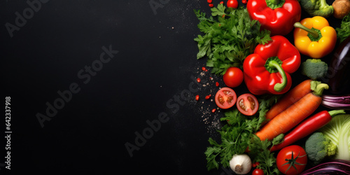 Fresh vegetables on black background. Variety of raw vegetables. Colorful various herbs and spices for cooking on dark background, copy space, banner.