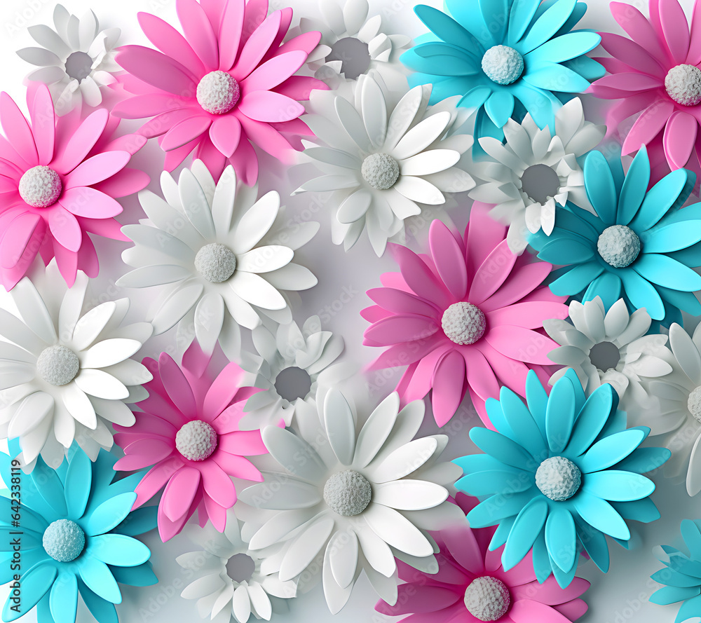 Fototapeta premium Beautiful bouquet of colorful modern flowers in wonderful harmony, 3D flowers.