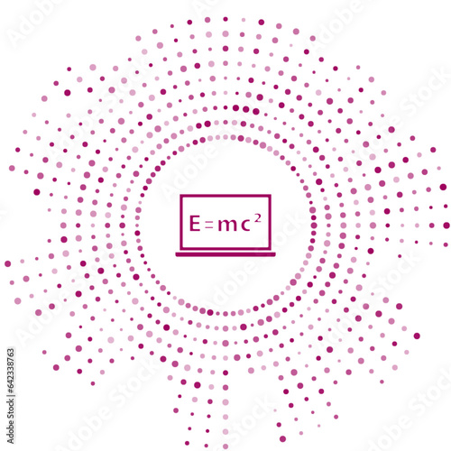 Purple Math system of equation solution on chalkboard icon isolated on white background. E equals mc squared equation on computer screen. Abstract circle random dots. Vector