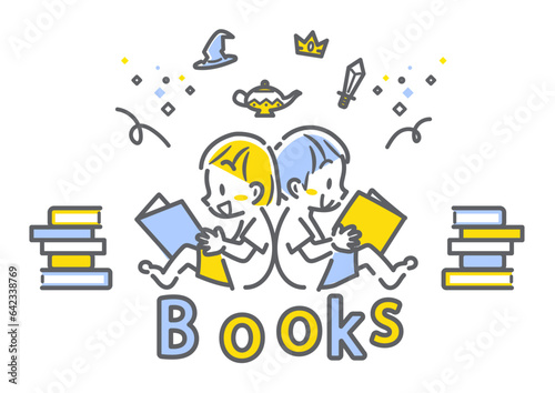 夢中で本を読む子どもたち　シンプルでかわいい線画イラスト
