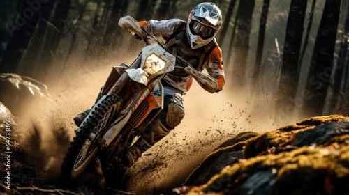A thrilling action shot of a professional motorcyclist on an enduro motorcycle rides in the forest photo