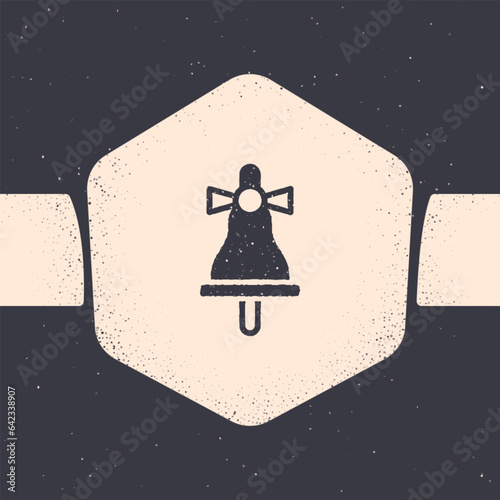 Grunge Merry Christmas ringing bell icon isolated on grey background. Alarm symbol, service bell, handbell sign, notification. Monochrome vintage drawing. Vector