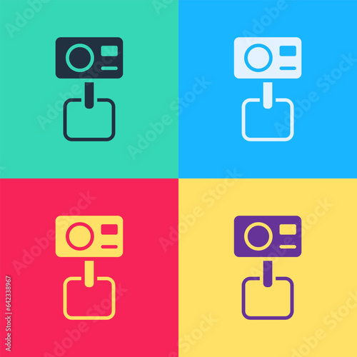 Pop art Action extreme camera icon isolated on color background. Video camera equipment for filming extreme sports. Vector