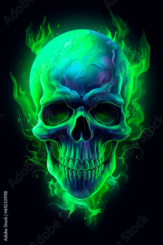 A neon skull with green eyes on a black background. Generative AI