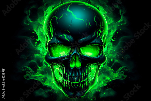 A neon skull with green eyes on a black background. Generative AI